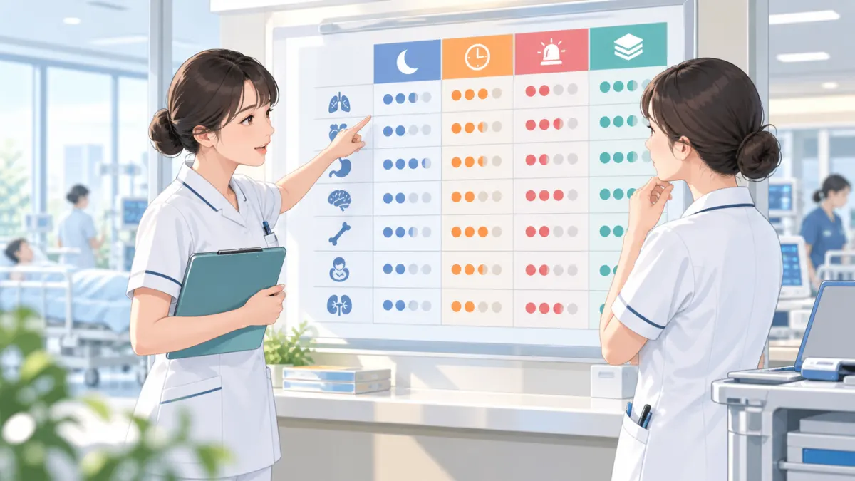 診療科別・比較早見表（夜勤／残業／急変／知識量）のイメージ